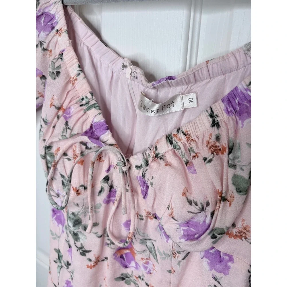 Romantic Pink Floral Puff Sleeve Mini Dress Sweetheart Bustier Tie Front Size 10 - Picture 3 of 4